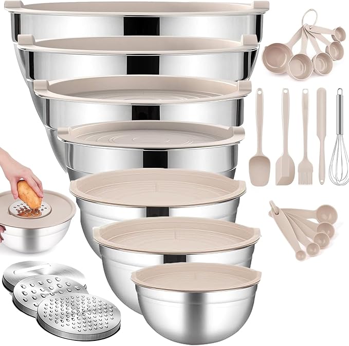 Mixing Bowls With Lids Set,Stainless Steel Mixing Bowls Set With 3 Grater,Metal Nesting Bowls For Kitchen Baking Refrigerator Meal Prep Food Storage Organizer,7 Size(Khaki)