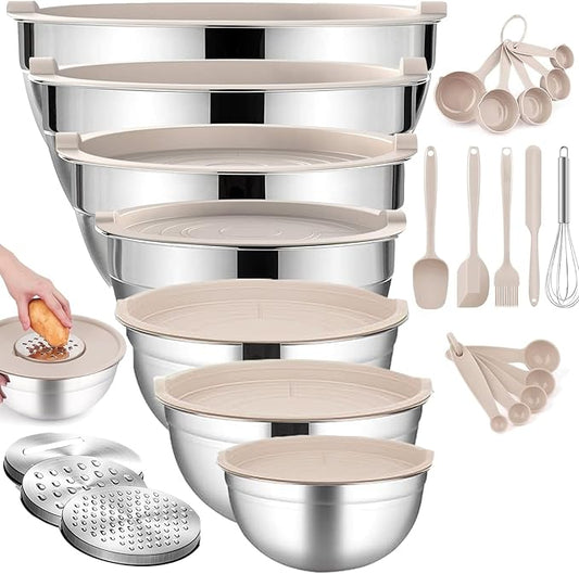 Mixing Bowls With Lids Set,Stainless Steel Mixing Bowls Set With 3 Grater,Metal Nesting Bowls For Kitchen Baking Refrigerator Meal Prep Food Storage Organizer,7 Size(Khaki)