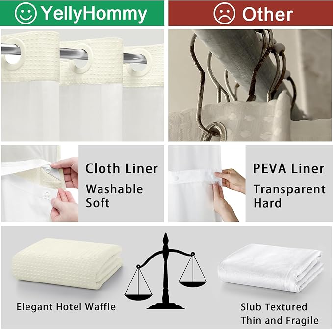 YellyHommy No Hook Shower Curtain with Snap in Liner Set Less Waffle Shower Curtain for Bathroom (Cream, 87" L x 72" W)