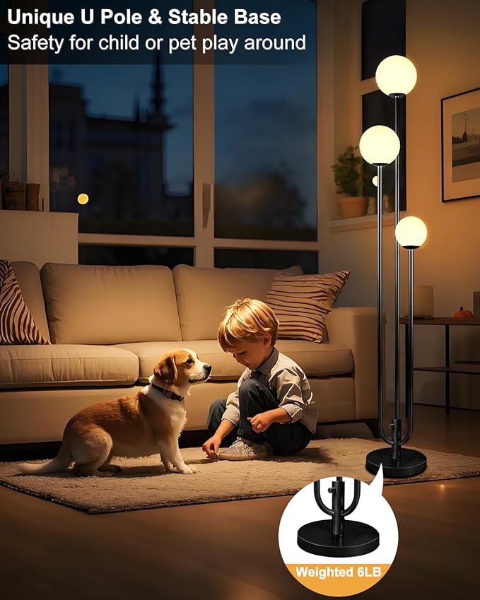 Lightdot 63IN Black Floor Lamp Dimmable with Candle Holder Style Mid Century Standing Lamps with 3 3000K Soft Warm White Bulbs Included, Modern Globe Floor Lamp for Living Room/Wedding