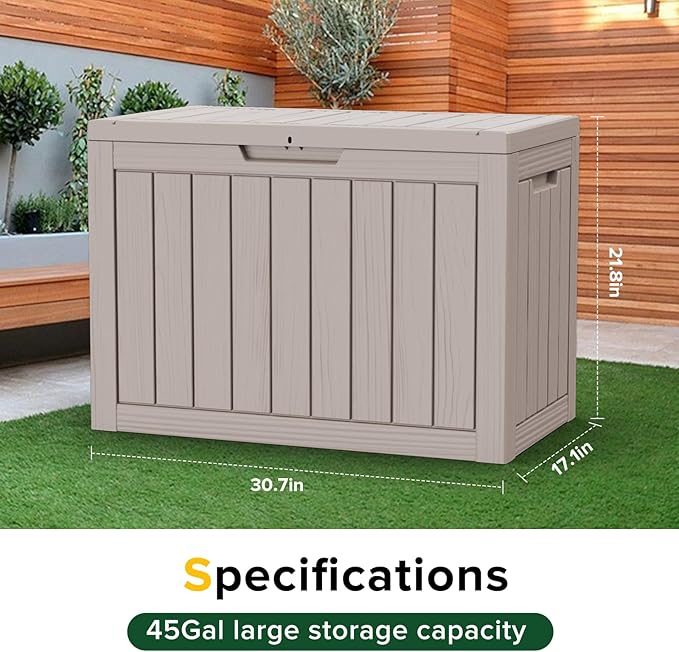 45 Gallon Outdoor Storage Box Waterproof, UV Resistant Deck Box Outdoor, Lockable Resin Deck Boxes for Garden Tools Equipment and Cushions, Gray