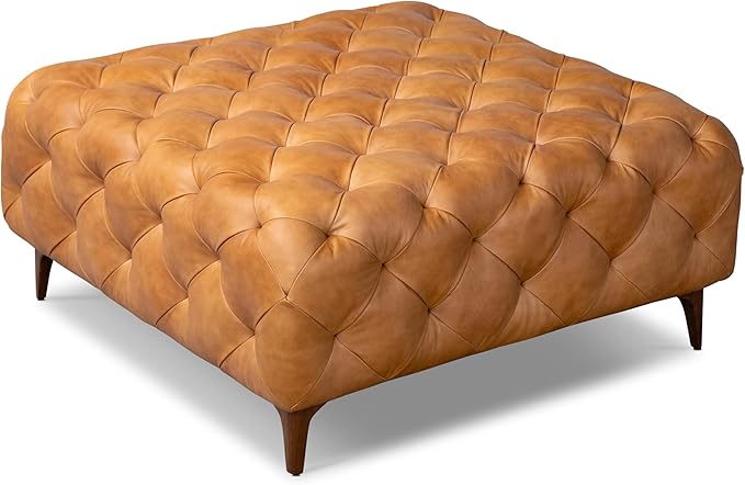 POLY & BARK Turin Ottoman with Wood Legs in Cognac Tan