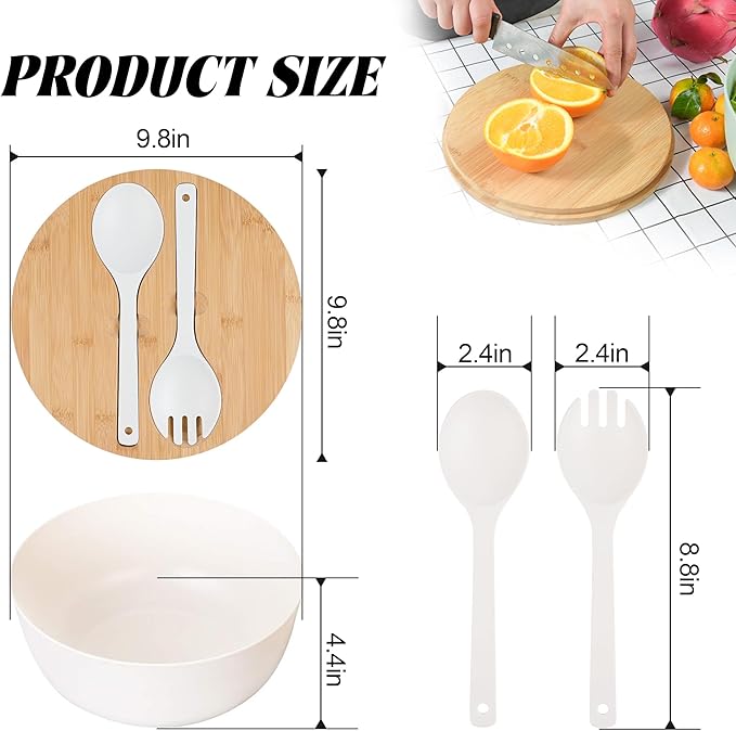 GEHE Bamboo Salad Bowl with Servers Set - Large 9.8 inches mixing bowls Solid Bamboo Salad Wooden Bowl with Lid Spoon for Fruits,Salads and Decoration (White, 9.8INCH)