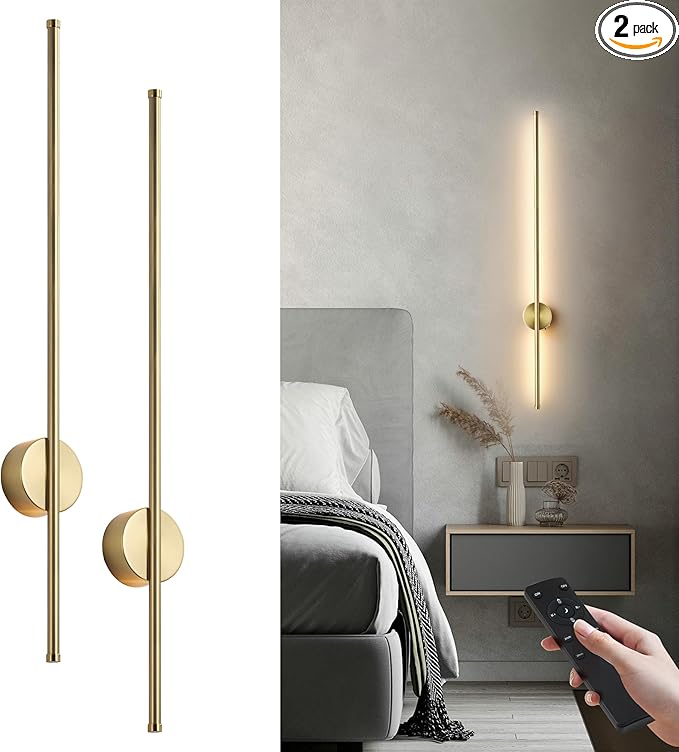 Battery Operated Modern Wall Sconces, Dimmable Wireless Wall Light Set of Two with Remote Control, 3 Color Temperatures, Rechargeable LED Wall Sconce for Bedroom, Living Room, Hallway, 39.3 Inch Brass