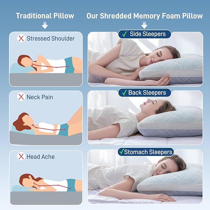 Shredded Memory Foam Cooling Soft Bamboo Viscose Pillow Queen Size, Adjustable Hypoallergenic Hotel Quality Pillow for Stomach, Back and Side Sleeper, Oeko-TEX Certified