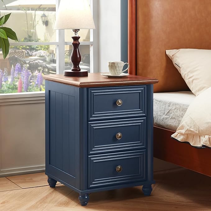 18" Farmhouse Night Stand Set of 2, Blue Wood Nightstand with 3 Drawers, Bedside End Table with Storage and Roman Column, Bed Side Tables Cabinet for Bedroom, Living Room, and Closet