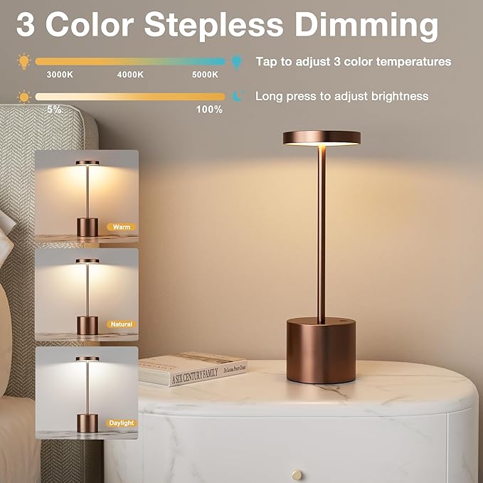 Kakanuo Brown Cordless Lamp Set, Rechargeable Lamp, 3 Color Temperature, LED Outdoor Wireless Lamps, Battery Operated Lamps, Stepless Dimmable, Touch Control