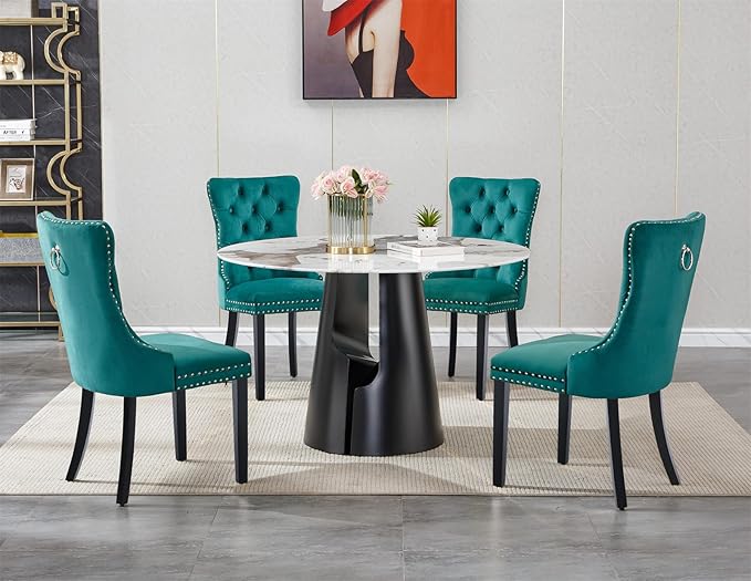 5-Piece Faux Marble Round Dining Table Set for 4, Modern Luxury Kitchen Table Set for 4 with Green Tufted Chairs,Circle Dining Tables with Pandora Grain Top and Black Pedestal Base