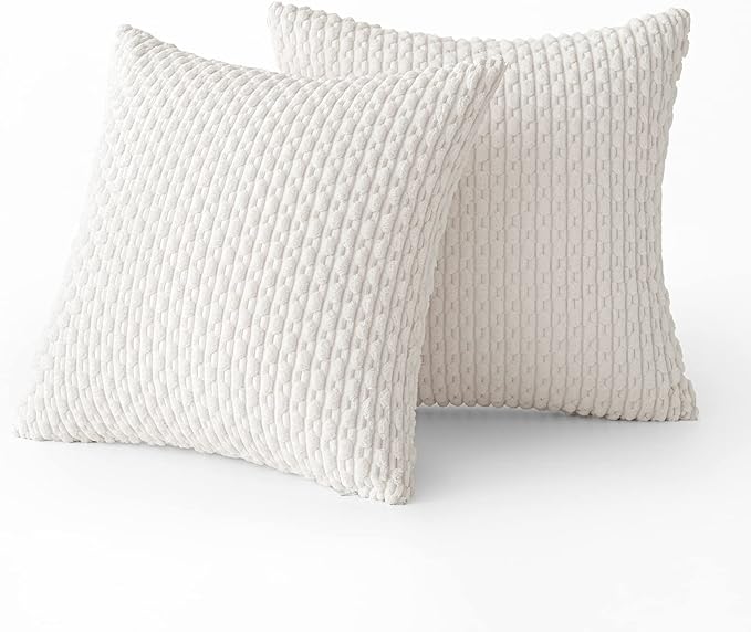 MIULEE Throw Pillow Covers Soft Corduroy Decorative Eruo Sham Set of 2 Boho Striped Pillow Covers Pillowcases Farmhouse Home Decor for Couch Bed Sofa Living Room 24x24 Inch Pure White