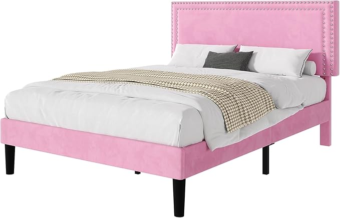 VECELO Queen Size Bed Frame with Adjustable Upholstered Headboard, Wooden Slats Platform, Noise-Free Design, No Box Spring Needed, Easy Assembly