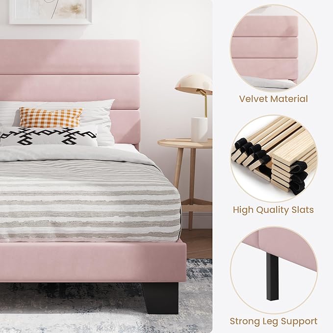 SHA CERLIN Twin Platform Bed Frame with Velvet Upholstered Headboard, Mattress Foundation with Strong Wooden Slats Support, No Box Spring Needed, Pink