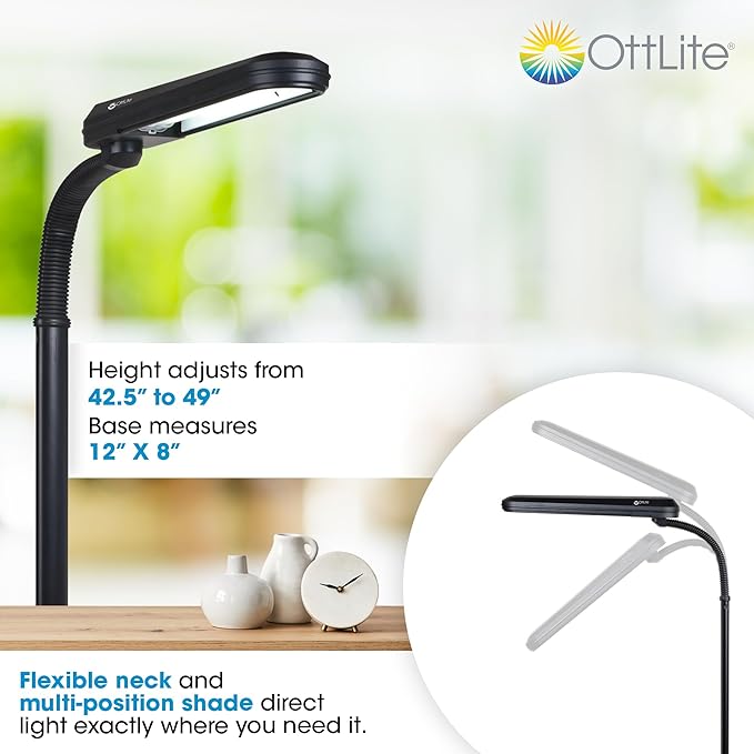OttLite Standing Floor Lamp with Weighted Base & Adjustable Neck - 24w Energy Efficient Light Bulb for Bright Natural Daylight - Modern Home Decor, for Living Room, Reading, Bedroom, Dorm & Office
