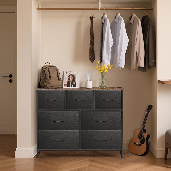 Dresser for Bedroom with 7 Drawers, Chest of Drawers, Storage Drawers Organizer Unit, Black Wide Fabric Dresser with Fabric Bins for Closet, Living Room, Entryway (Black and Rustic Brown)