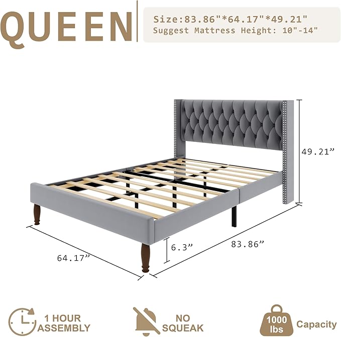 Queen Size Velvet Upholstered Bed Frame, 49.2" Tall Wingback Headboard, Deep Button Tufted, No Box Spring Needed, Solid Wood Legs, Grey