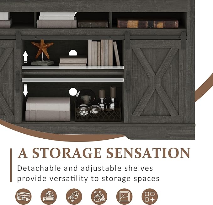 Farmhouse TV Stand for 65+ Inch TV, 34'' Tall Entertainment Center with Sliding Barn Doors, Rustic Wood Media Console Storage Cabinet Television Stand for Living Room, Bedroom (Dark Grey)