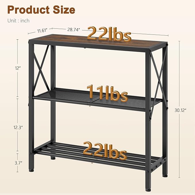Hoctieon Industrial Console Table, 3-Tier Entryway Tables, Metal Frame, Sofa Table with Shelf, Hallway Tables, Entrance Desk for Entryway, Living Room, Foyer, Hallway, Rustic Brown&Black