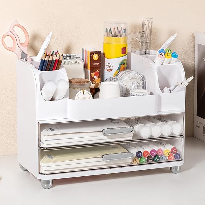 Anyoifax Makeup Organizer Countertop with Large Drawers, Vanity Organizer with Brush Holder, Skin Care Storage for Dresser, Perfume Organizer for Lotion, Lipsitck, Palette, White