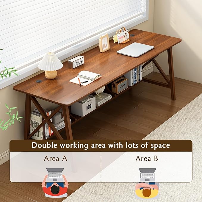 Extra Long Desk with Bookshelf - Wooden Home Office Work Study Table, Writing Computer Workstation with Storage Shelf in Walnut, 55" Wx20 Dx30 H