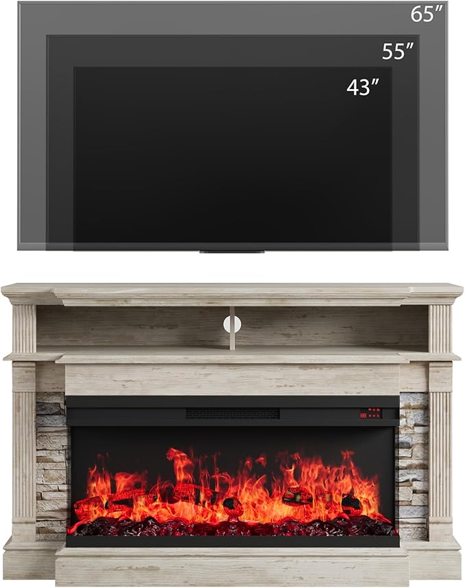 QUW Fireplace TV Stand for TVs up to 65", Farmhouse 52"Fireplace Entertainment Center with 36" 3-Side Glass Electric Fireplace, TV Console with Open Storage Shelves for Living Room, Antique Brush Grey
