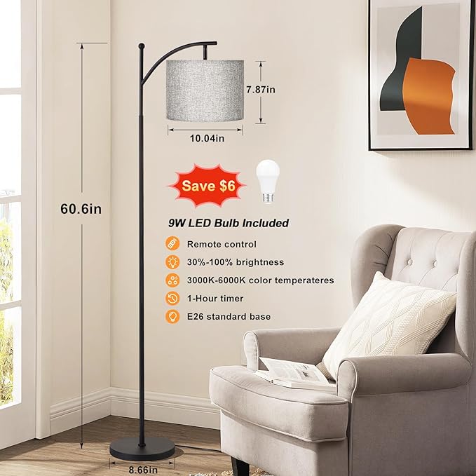60" Floor Lamps with Remote Control & Bulb, Colors Temperature & Brightness Adjustable, Gray Shade & Black Pole