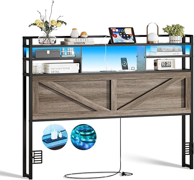 Headboard for Queen Size Bed with Storage, Headboards with Power Outlets and RGB LED Light, Sturdy Queen Size Headboard, Stable Head Board with Bed Adapter for Bedroom/Dorm/Guest Room