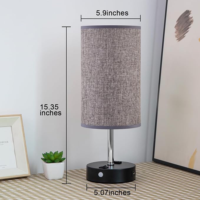 Table Lamps with Motion Sensor and Constant on Two Modes, USB Lamp with Warm White Bulb, Fabric Shade, Built-in USB Port & AC Outlet - Bedside Table Lamp for Bedroom or Living Room
