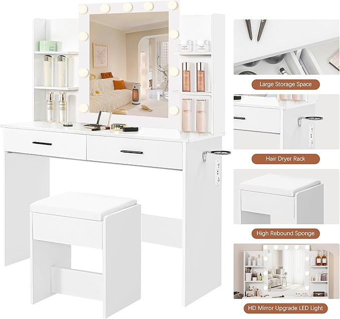 KAMABOKO Vanity Desk with Mirror & LED Lights & Power Outlet, Makeup Vanity Table with 2 Drawers and 6 Storage Shelves, Dressing Table for Bedroom Dressing Room (White)