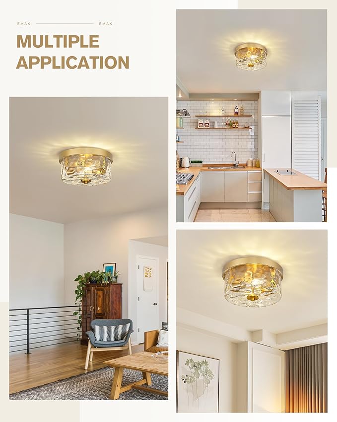 Emak Modern Brushed Gold Ceiling Light, 2-Light Ceiling Lights with Hammered Glass Shade, 11 Inch Flush Mount Light Fixture for Bedroom, Bathroom, Hallway, Kitchen, FM082-GD-HG