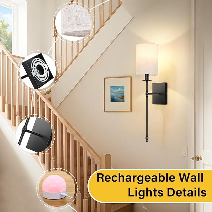 24.8 inch Battery Operated Wall Sconces Set of 2 with Remote, Rechargeable Wireless Wall Lights with Beige Fabric Shade, Indoor Not Hardwired Dimmable for Bedroom Living Room Decor