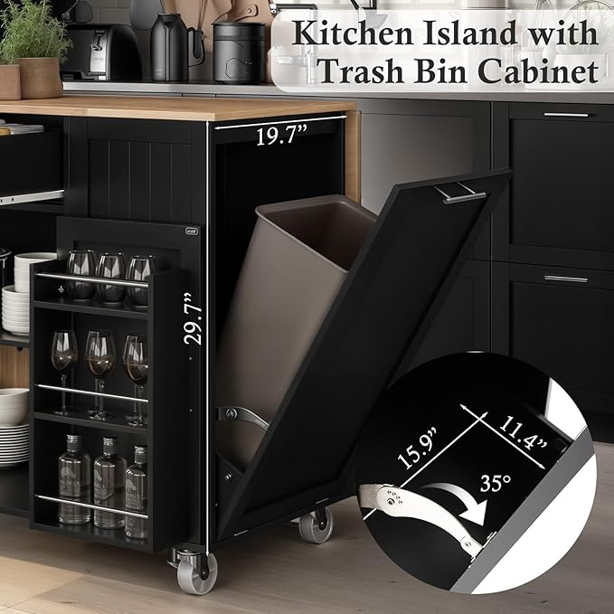 Kitchen Island with Storage & Drop Leaf - 43.3" Mobile Kitchen Cart with Wheels, Rolling Kitchen Island with Trash Bin Cabinet & Towel Rack, Rubberwood Top, Black Island for Kitchen