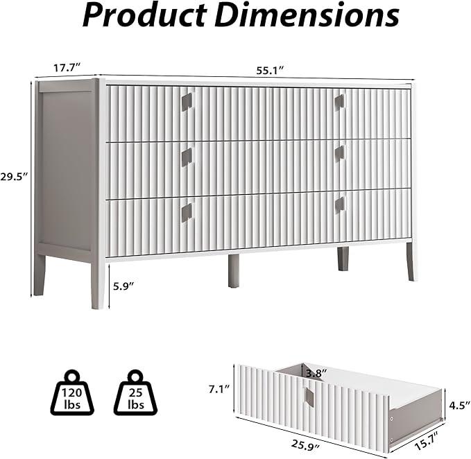White 6 Drawer Dresser for Bedroom, Modern Wood Dresser, Fluted Design Double Chest of Drawers with Wood Legs, TV Stand Storage Cabinet for Bedroom, Living Rooms, Offices, and Entryways