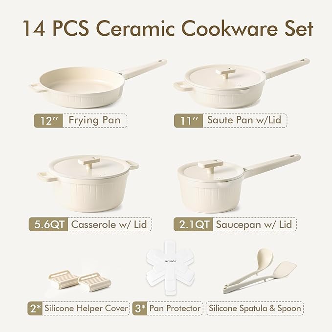 SENSARTE Ceramic Cookware Set Non-toxic 14 Pcs, Nonstick Pots and Pans Set, Dishwasher Safe Induction Cookware, Healthy Kitchen Cooking Set w/Die-cast Lids, PFOA/PFAS/PTFE Free