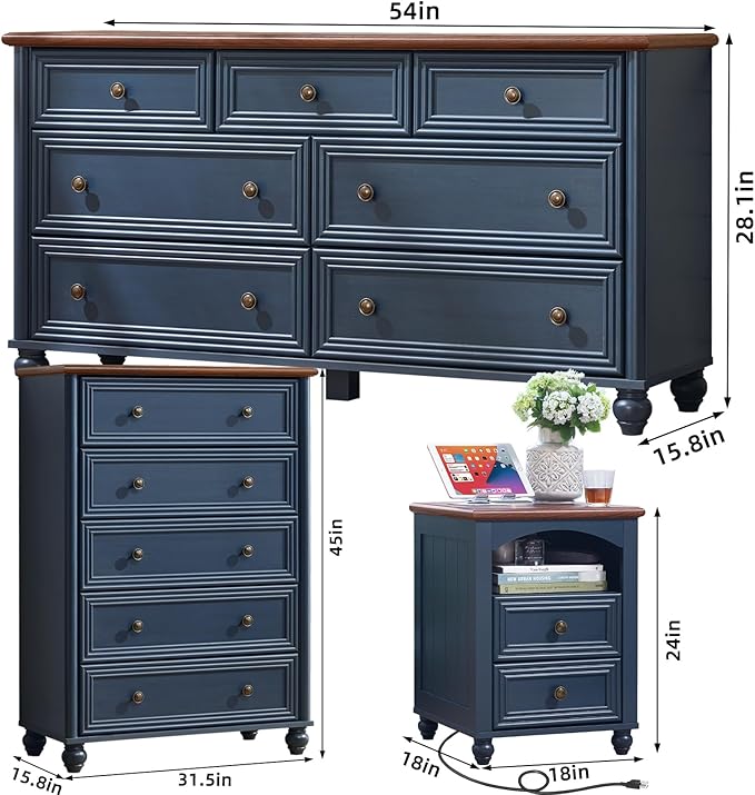Farmhouse Dressers & Night Stand Set of 3, Wood 54" Wide Dresser & 45"Tall Chest of Drawers, 18" with Charging Station Nightstand, Bedroom Furniture 7 Drawer Dresser Set for Home Living Room Hallway