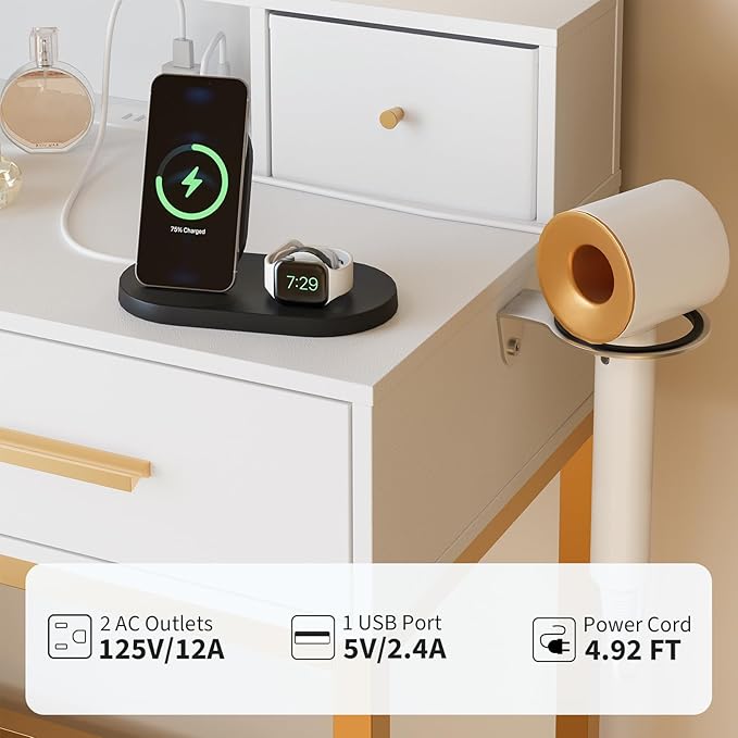 Garvee Vanity Desk, Makeup Vanity Desk with Mirror and Lights 3 Colors, Dressing Table with Chair, Makeup Table Set with 4 Drawers, Power Outlet & Storage Shelves, for Bedroom (White)