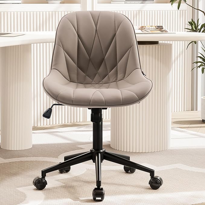 Rowill Modern Office Chair - Ergonomic Swivel Leather Desk Chair with Curved Backrest, Height Adjustable Rolling with Wheels, Perfect for Study Room & Office, Khaki