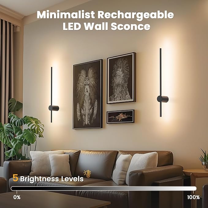 NIORSUN 24 Inch Battery Operated Wall Sconce Set of 2,Black Minimalist Rechargeable LED Wall Lights with Remote, 10 Colors Dimmable Wireless Wall Lamp for Living Room Bedroom Hallway