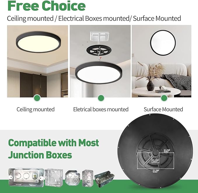 20 Inch Large LED Flush Mount Ceiling Light, 40W,4350LM, 3000K/4000K/6000K CCT Selectable,Black Flat Panel Light Low Profile Ceiling Light Fitures for Hallway, Kitchen, Bedroom, Laundry Room, 2PK