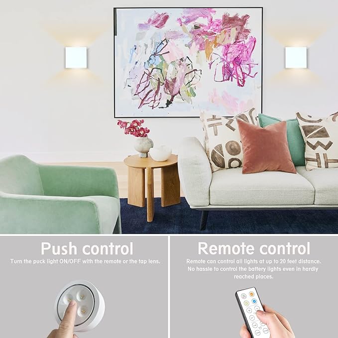 HEQIQEH Modern Cube Battery Operated Wall Sconces, White LED Cube Indoor Up and Down Wall Lamp with Remote Control, Dimmable Cordless Wall Lighting Fixtures for Living Room,Bedside (White - 2 Pack)