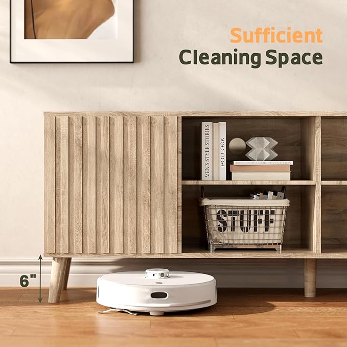 Mid-Century Modern TV-Stand - Fluted TV Stand for 80 75 65Inch TV, Entertainment Center with Storage, Media Console with Adjustable Shelves for Living Room, Oak