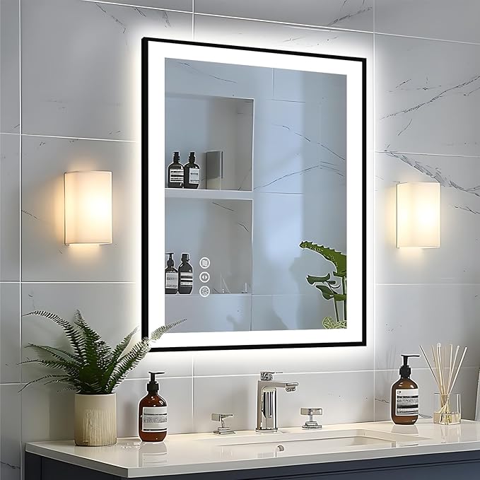 28x32 LED Bathroom Mirror - Black Aluminum Framed, Front and Backlit Mirror,Anti-Fog Framed Bathroom Vanity Mirror,Stepless Dimmable Lighted Mirror,3 Colors Smart Mirror(Horizontal/Vertical)