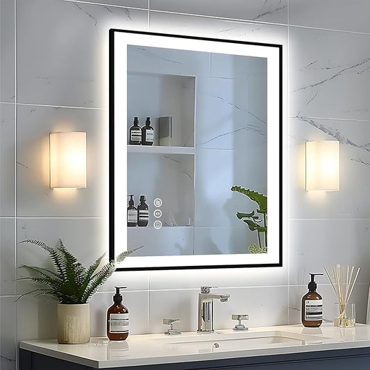 28x32 LED Bathroom Mirror - Black Aluminum Framed, Front and Backlit Mirror,Anti-Fog Framed Bathroom Vanity Mirror,Stepless Dimmable Lighted Mirror,3 Colors Smart Mirror(Horizontal/Vertical)