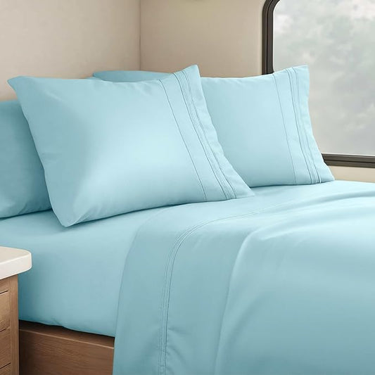 Clara Clark Bed Sheets, Premier 1800 Series 4 Piece RV Queen Sheet Set, Luxury Soft Sheets for RV Bunks, Short Queen - Light Blue Aqua