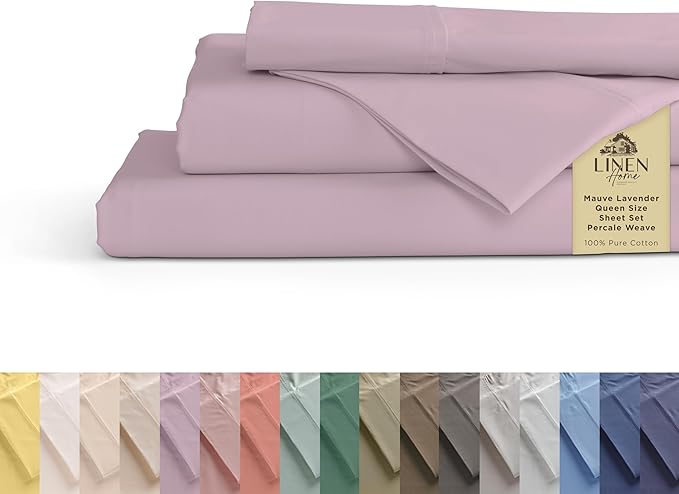 Linen Home 100% Cotton Percale Sheets Queen Size,Mauve Lavender, Deep Pocket, 4 Pieces Set - 1 Flat, 1 Deep Pocket Fitted Sheet and 2 Pillowcases, Crisp Cool and Strong Bed Linen