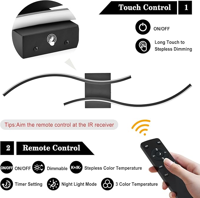 Battery Operated Wall Sconces Set of Two with Remote Control, Stepless Colors 3000K-6000K & Dimming, LED Black Wireless Wall Light for Living Room, Hallway, Bedroom, 31.5 Inch (2 Pack)