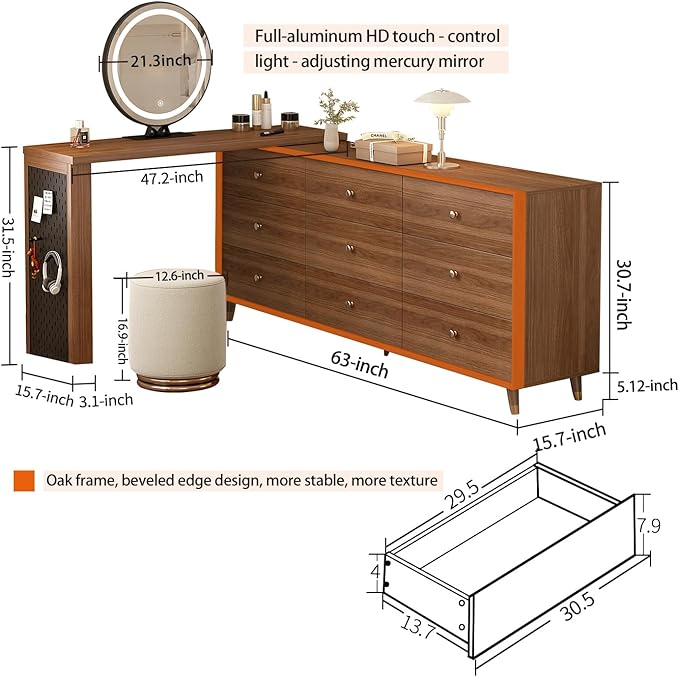 Makeup Vanity Desk Set with Full Aluminum HD Lighted Mirror and Stool, 70-110in Extendable Modern Vanity Table, 9-Drawer Solid Wood Frame Chest, Dressing Table for Bedroom, Brown