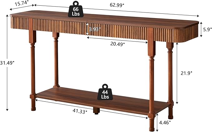 63”Console Table with 2 Drawers,Retro Entryway Table with Fluted Panel & Storage Shelf,Narrow Long Behind Couch Tables Accent Sofa Table with Solid Wood Legs for Living Room Foyer Hallway(Walnut)