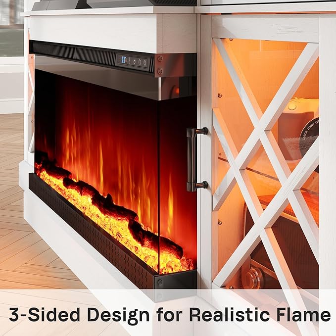 3-Sided Farmhouse LED Fireplace TV Stand, 70" Large Entertainment Center Glass Doors for TVs up to 80", Modern Wood Grain High-Gloss TV Storage Cabinet for Living Room, Antique White