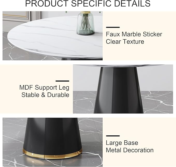 45 Inch Round Dining Table Set for 6, 7 Piece Kitchen Table and Chairs Set, White Faux Marble Table Top, Small Space Dining Set for Apartment or Dining Room