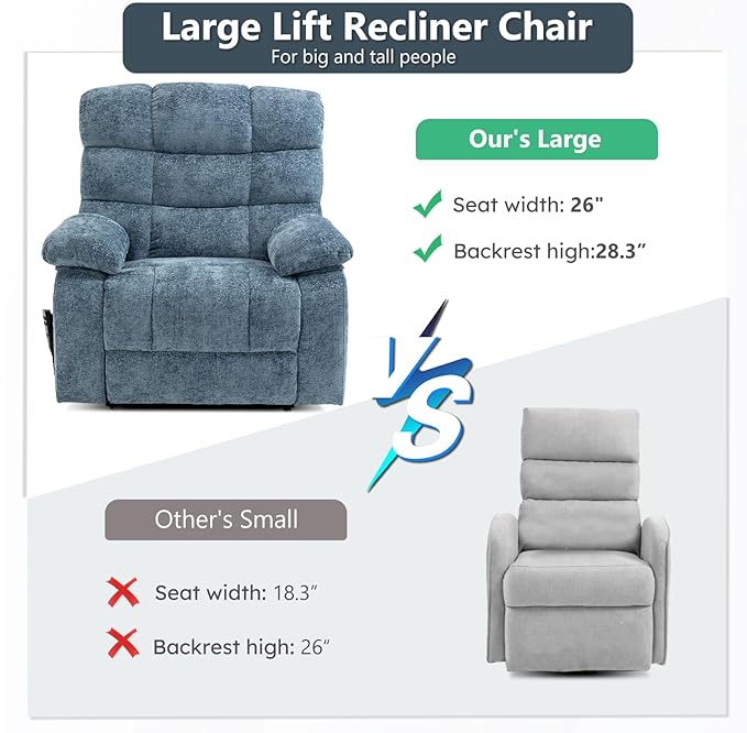 Lay Flat Recliner with Vibration Massage and Lumbar Heating, 26'' Wide Chair with Infinite Position and 2 Remote Controls, Soft Chenille Lift for Living Room, Grayish Blue