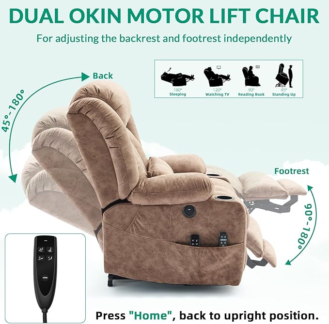 VIVIJASON Tall Man Large Dual Motor Power Lift Recliner Chair with Extended Footrest, Oversized Lay Flat Sleeper Electric Recliner W/Heat & Massage, Lumbar Pillow, USB & Type-C Ports, Plush Brown